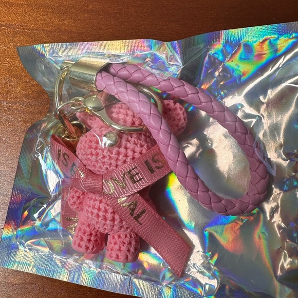 Pink Braided Keychain with Bear Charm - Picture 1 of 2